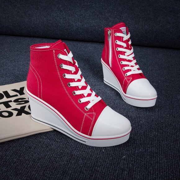 Wedge Sneakers Women's Canvas High Heel Platform Lace Up Zipper Casual Chic - Picture 3 of 6